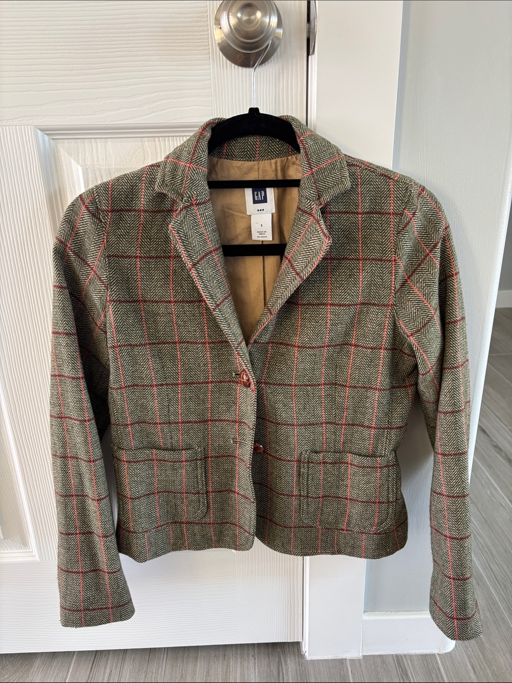 GAP Olive Green Plaid Blazer with Red Windowpane